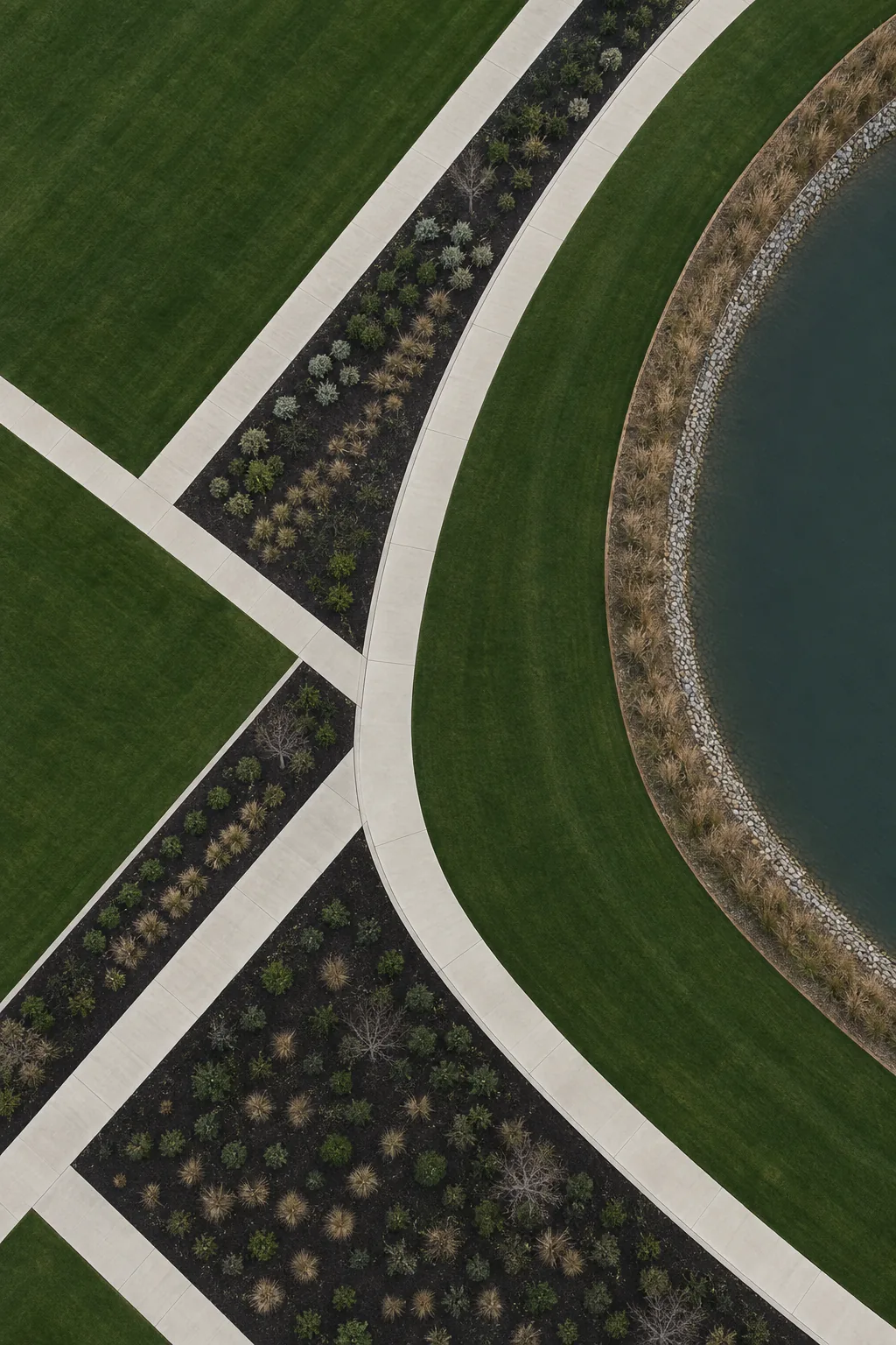 Abstract aerial view of a large commercial landscape with geometric turf, walkways and planted beds