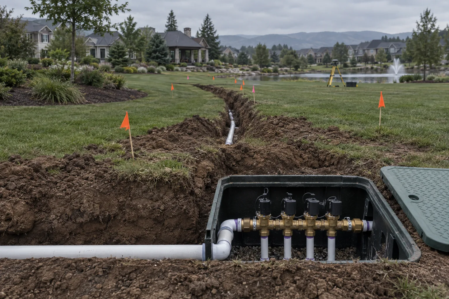 Commercial irrigation mainline and valve manifold installed across an HOA common area