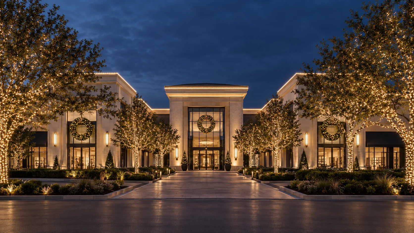 Commercial plaza and landscaped entrance illuminated with professional warm white holiday lighting at dusk