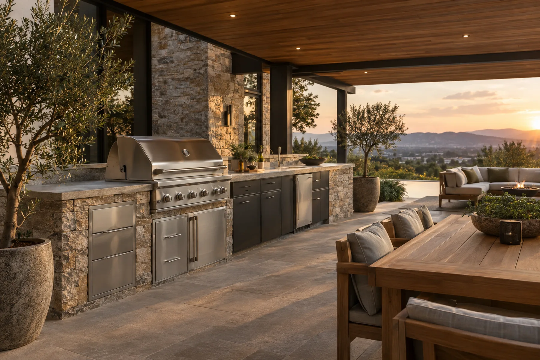 Custom outdoor kitchen with stone island, built-in appliances and stone countertops under a covered patio
