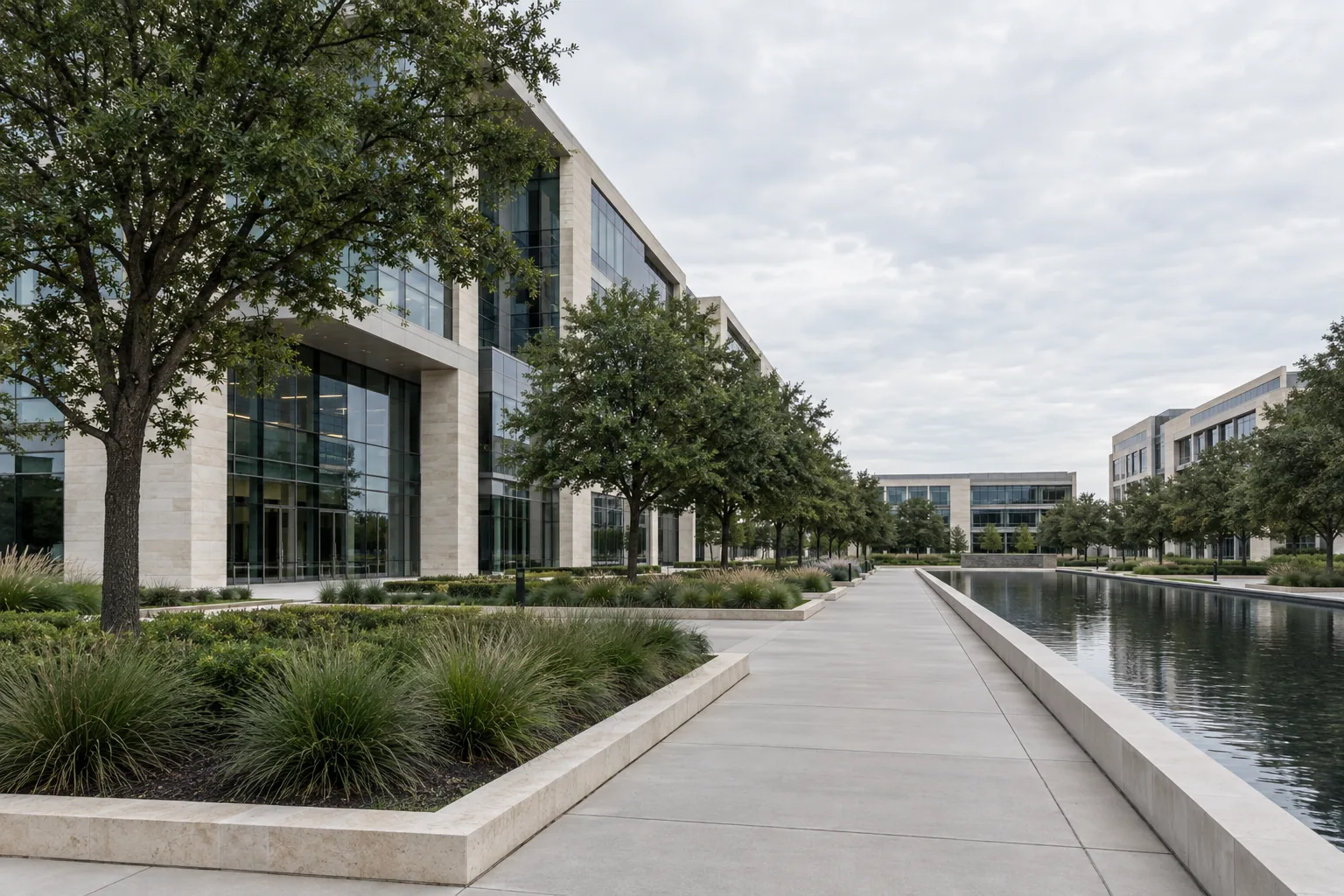 Modern commercial office campus with disciplined landscape architecture