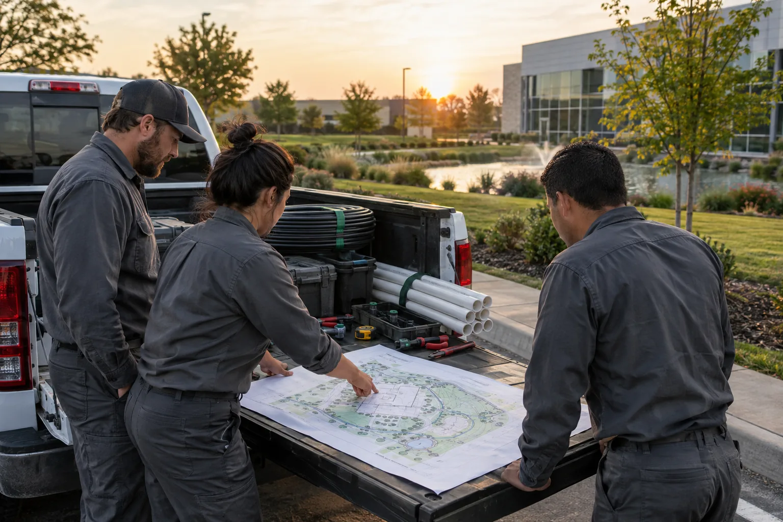 Field crew reviewing an irrigation site plan on a truck tailgate at a commercial property
