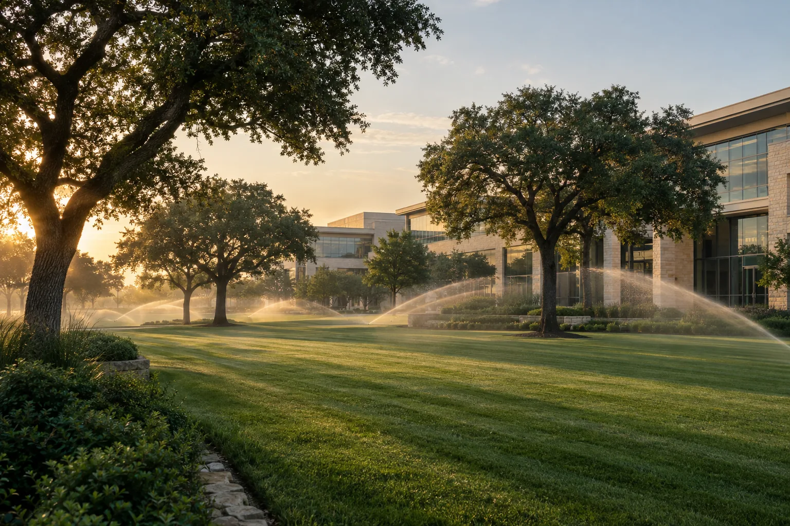 Commercial campus lawn at sunrise with irrigation running beneath mature oak trees