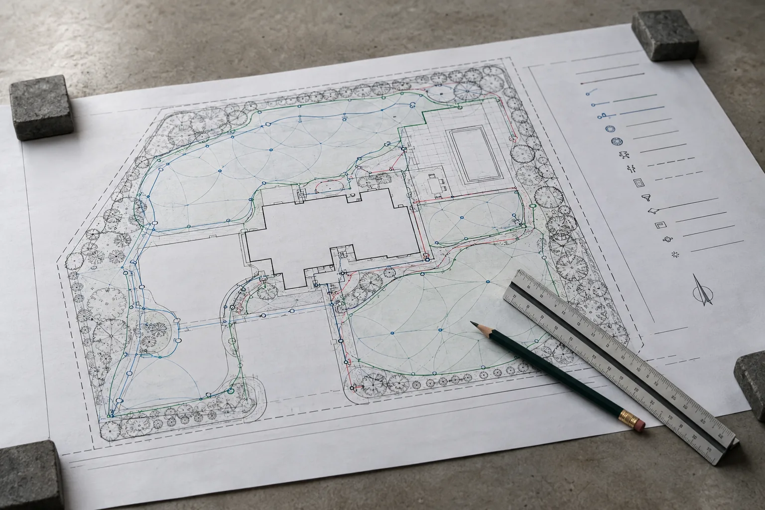 Detail of a printed irrigation and site plan with scale ruler and pencil