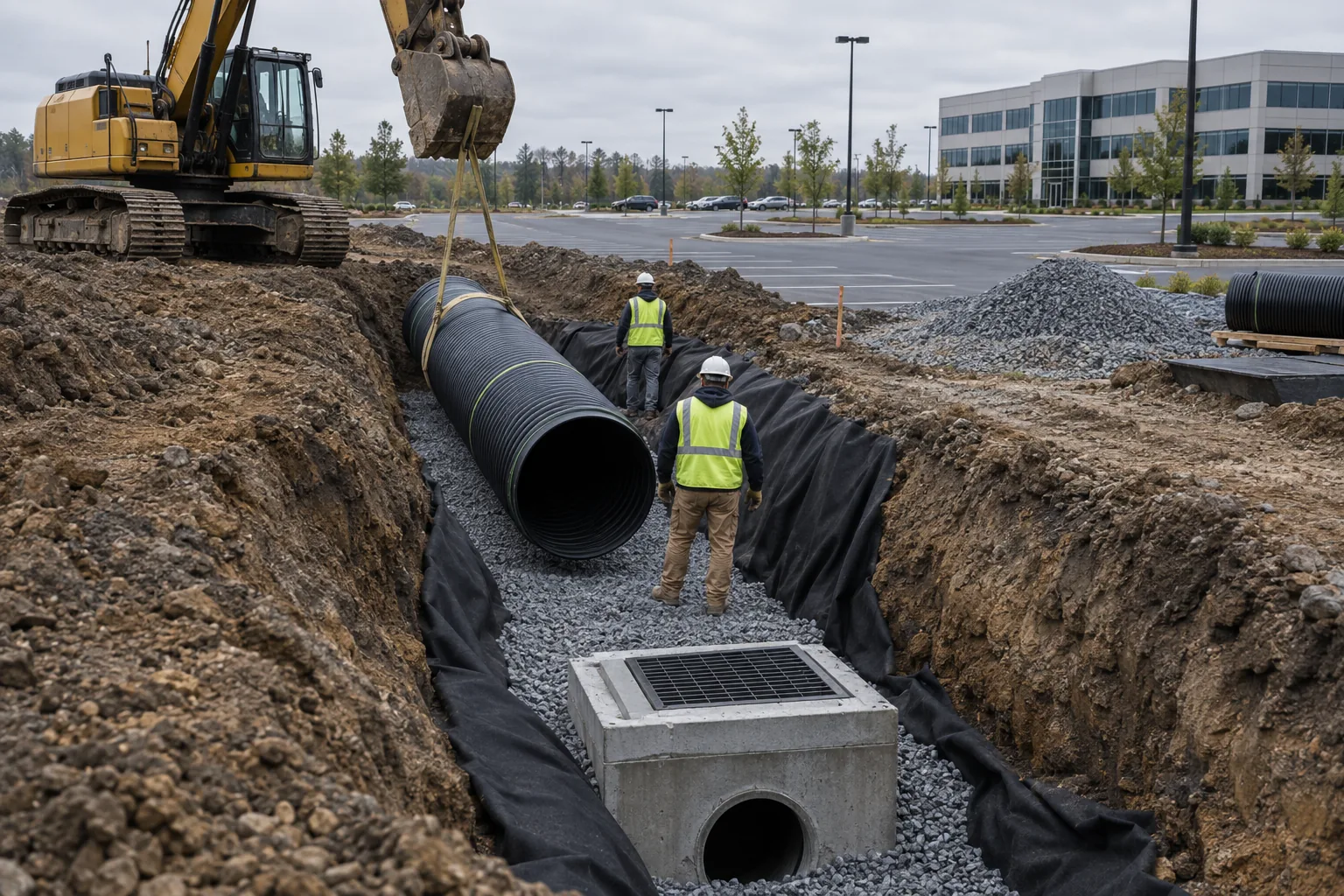 Excavator setting a large-diameter storm drain pipe and catch basin on a commercial property