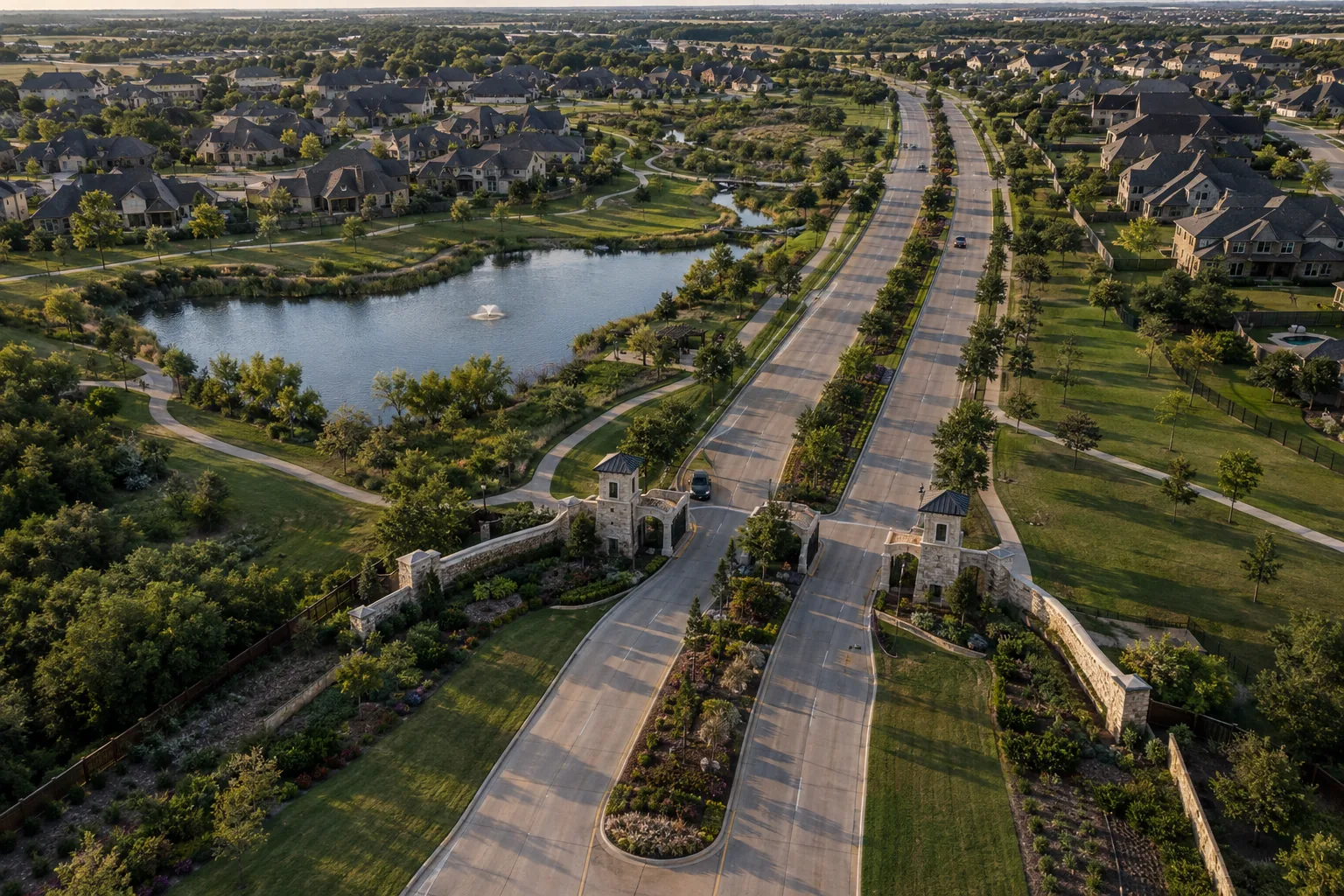 Aerial view of a master-planned community entrance, boulevard median and common-area greenbelts