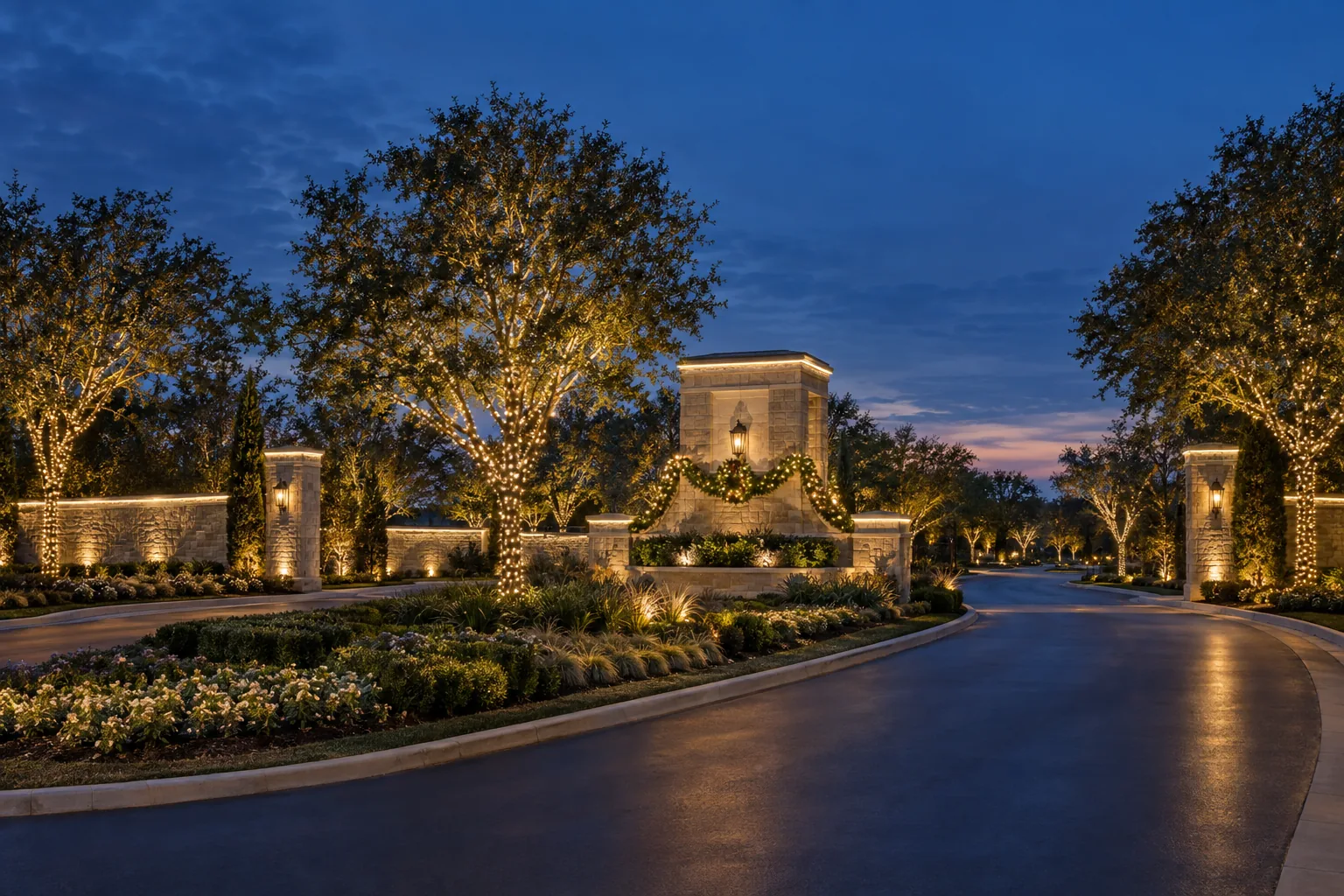 Stone community entrance monument and trees illuminated with professional warm white holiday lighting at dusk