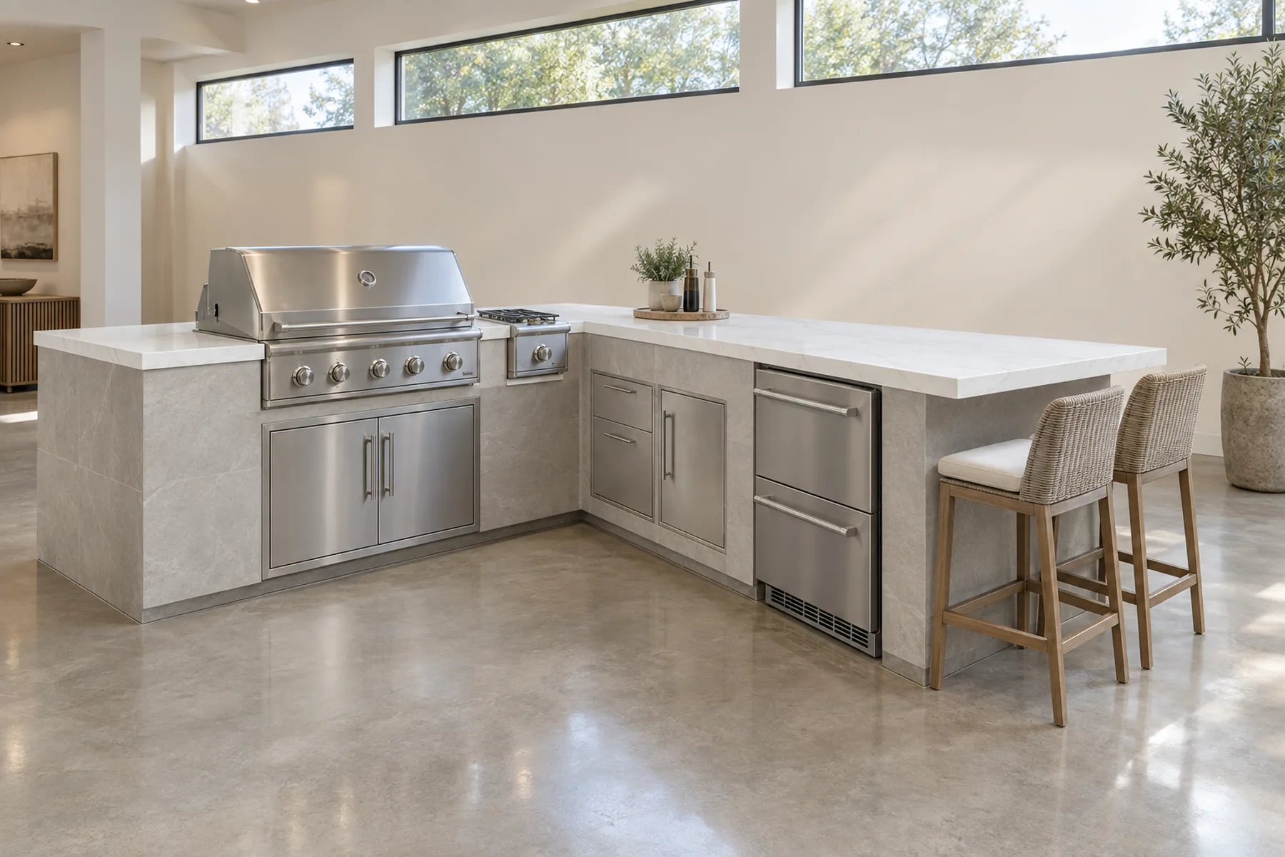Premium pre-built L-shaped outdoor kitchen island with porcelain cladding, stone countertop and built-in stainless appliances