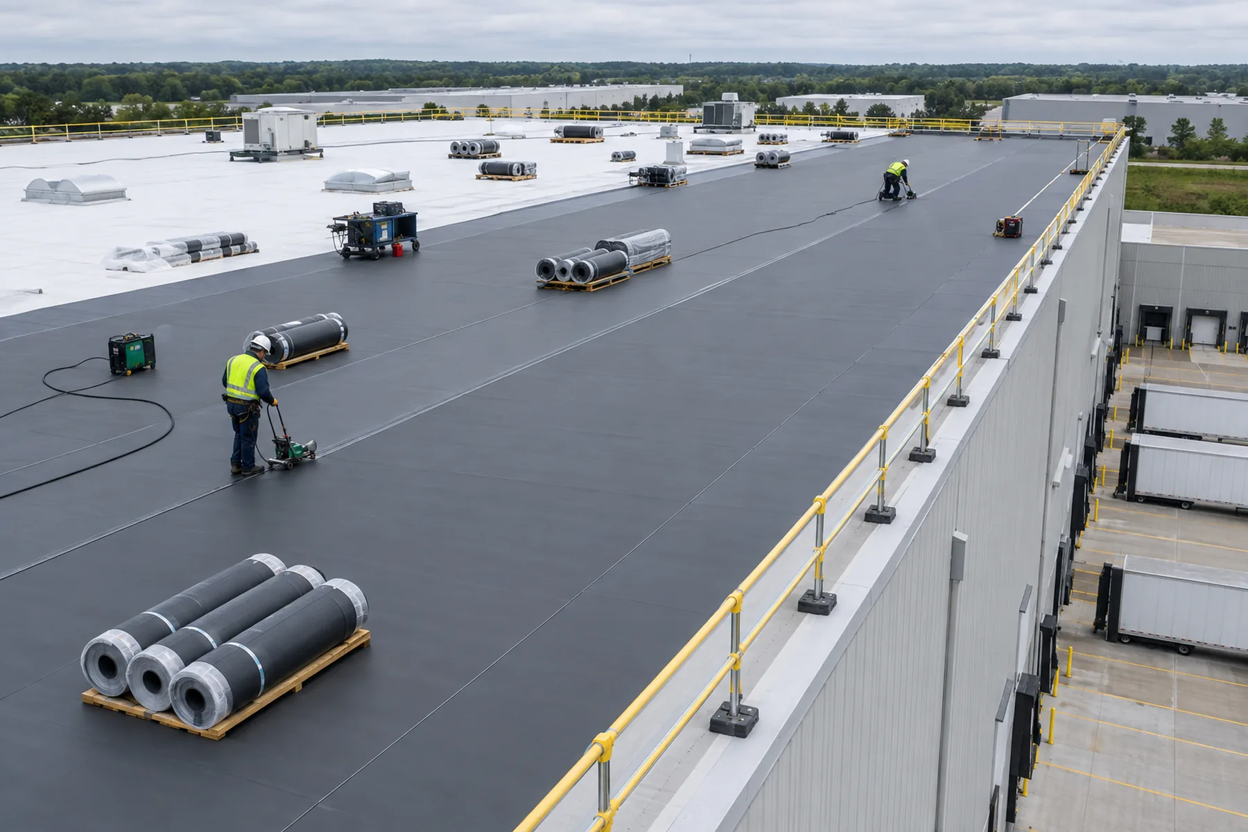Aerial view of a newly installed low-slope commercial roof system with mechanical curbs and clean membrane seams