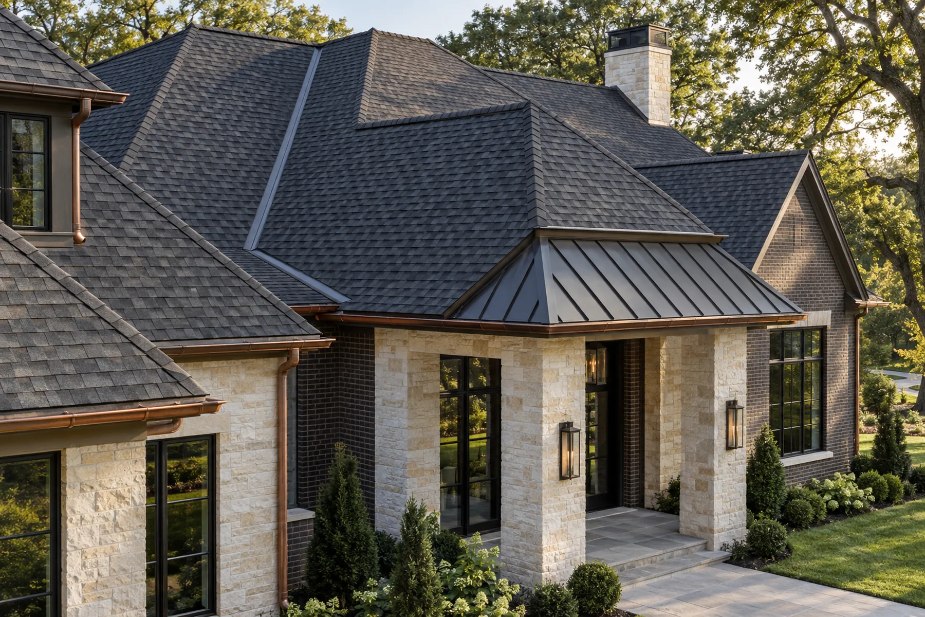 Modern custom home with a crisply detailed standing-seam and shingle roof against clean architectural massing