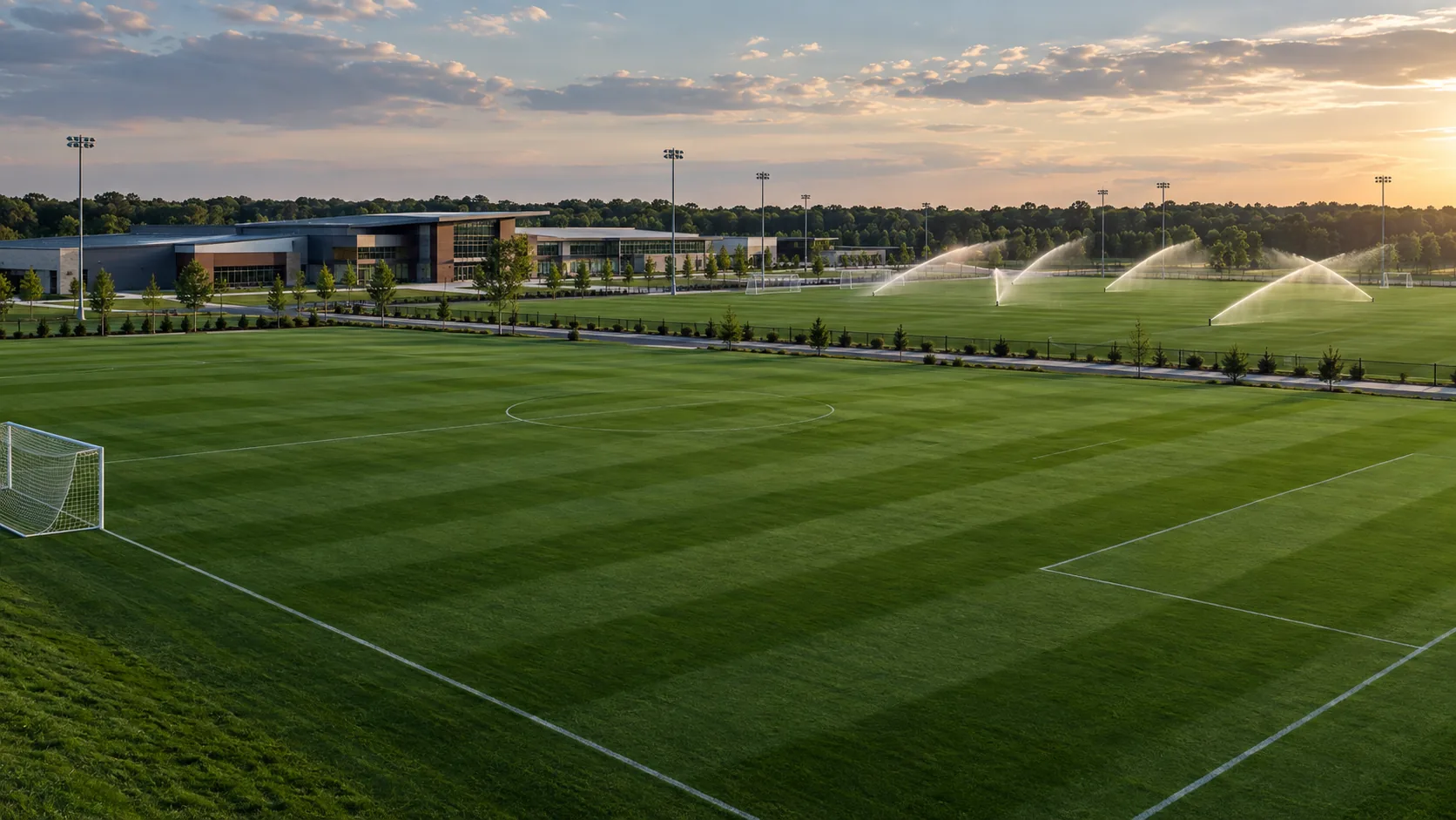 Large multi-field athletic complex with irrigation running across immaculate turf at sunset